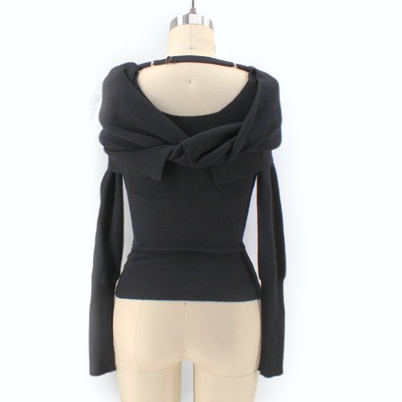 Black Off The Shoulder Sweater Ribbed Knit Adjustable Open Back Long Sleeve SZ S - Picture 4 of 15